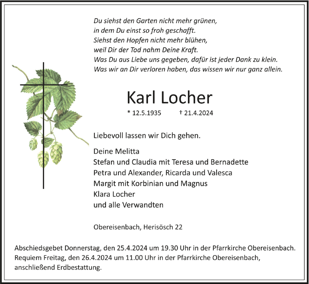  Traueranzeige für Karl Locher vom 23.04.2024 aus Schwäbische Zeitung