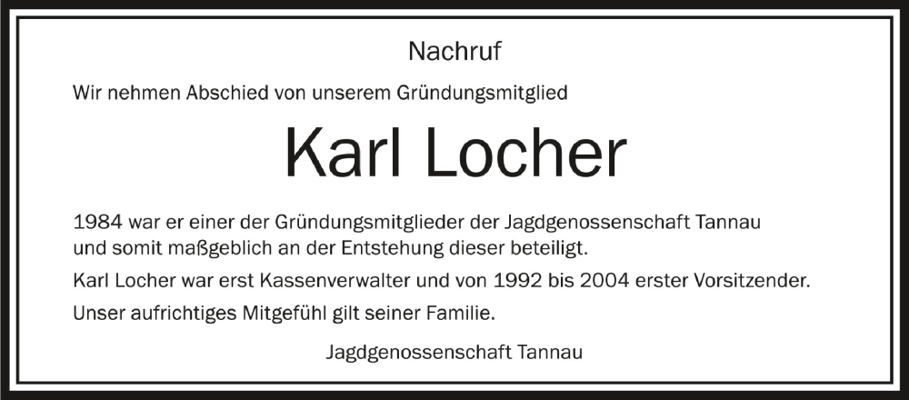  Traueranzeige für Karl Locher vom 27.04.2024 aus Schwäbische Zeitung