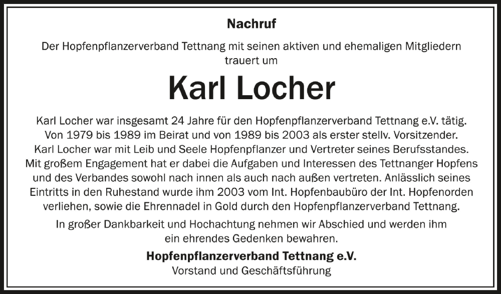 Traueranzeige für Karl Locher vom 27.04.2024 aus Schwäbische Zeitung