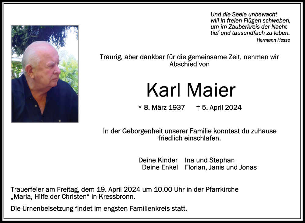  Traueranzeige für Karl Maier vom 13.04.2024 aus Schwäbische Zeitung