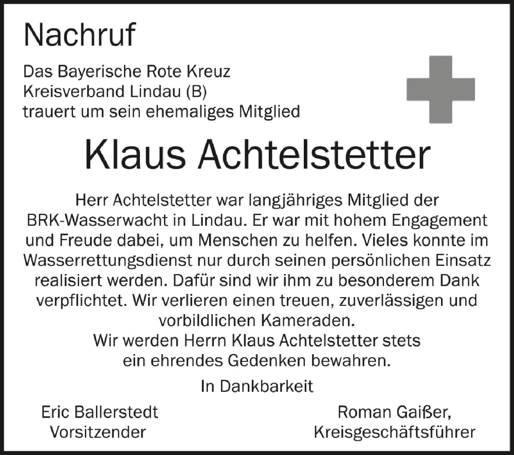 Traueranzeige für Klaus Achtelstetter vom 09.04.2024 aus Schwäbische Zeitung