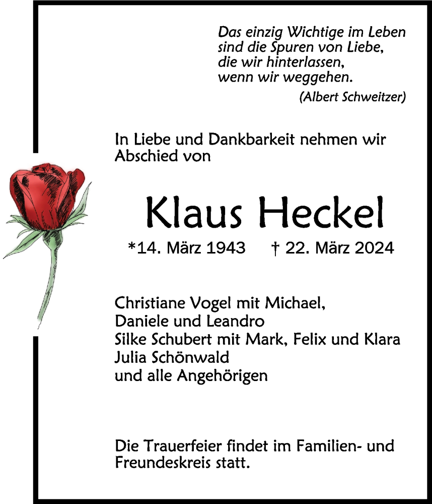  Traueranzeige für Klaus Heckel vom 20.04.2024 aus Schwäbische Zeitung