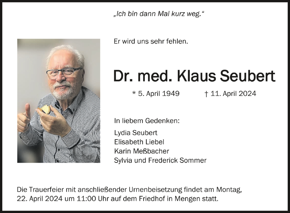  Traueranzeige für Klaus Seubert vom 18.04.2024 aus Schwäbische Zeitung