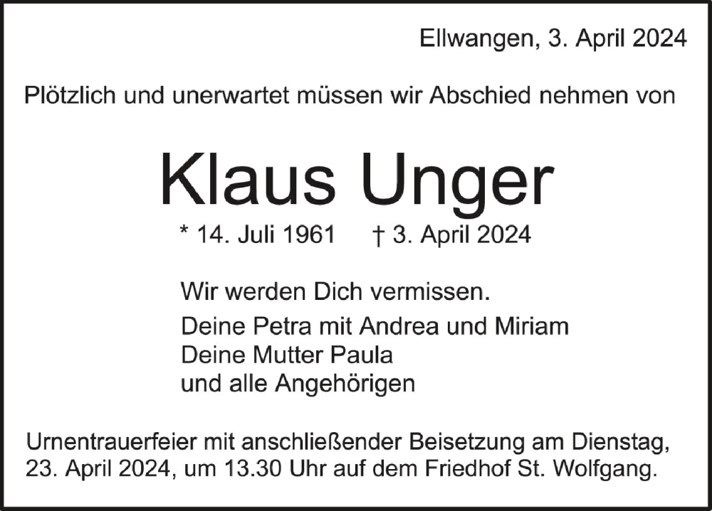  Traueranzeige für Klaus Unger vom 18.04.2024 aus Schwäbische Zeitung