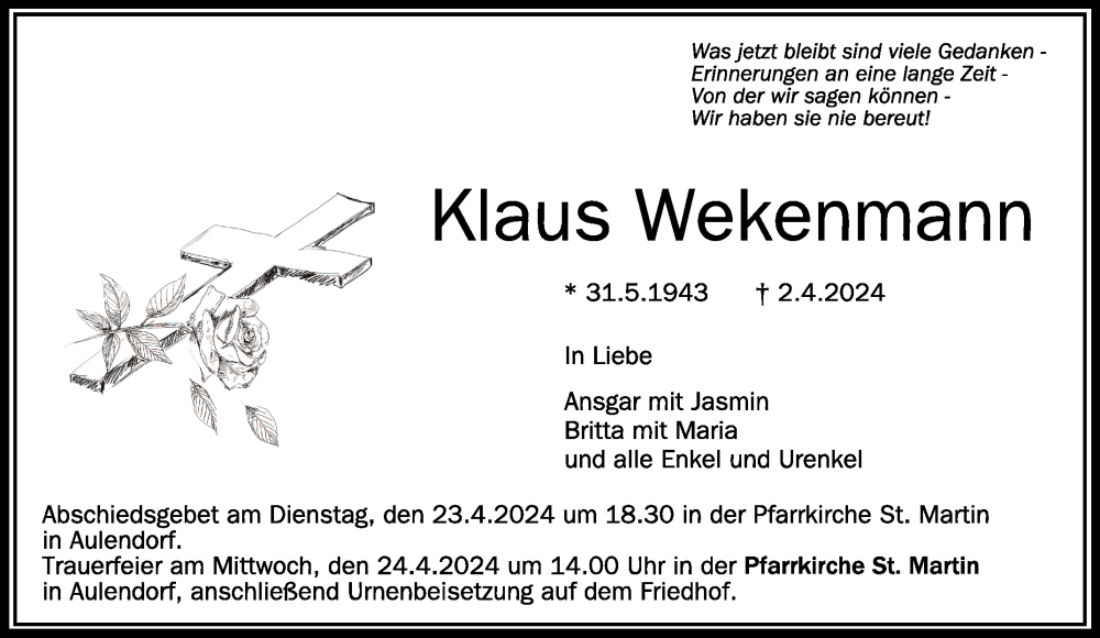  Traueranzeige für Klaus Wekenmann vom 06.04.2024 aus Schwäbische Zeitung