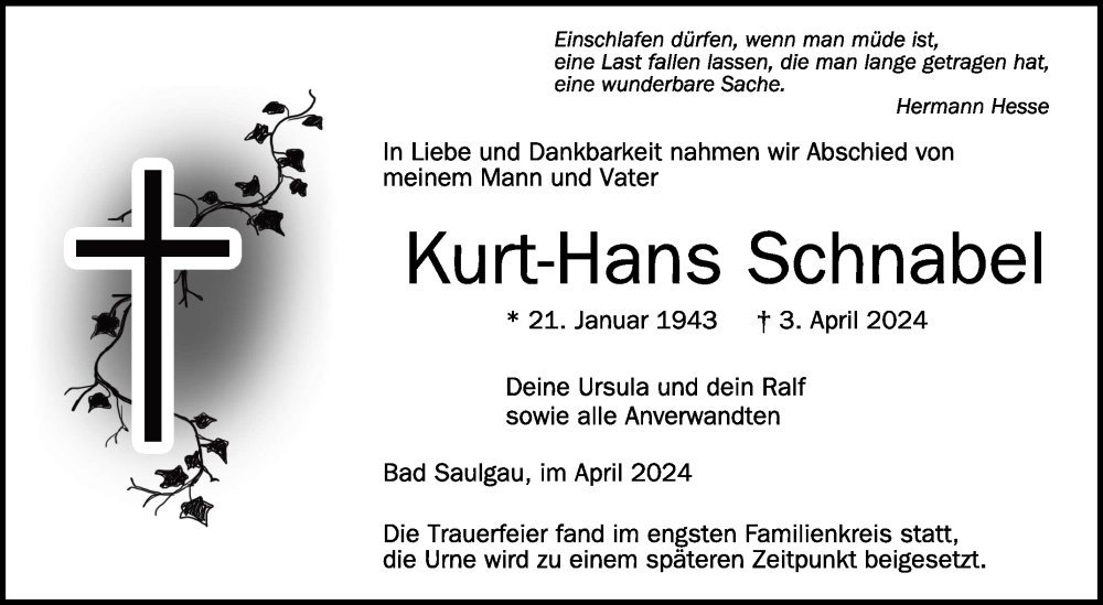  Traueranzeige für Kurt-Hans Schnabel vom 13.04.2024 aus Schwäbische Zeitung