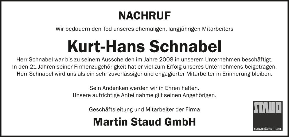  Traueranzeige für Kurt-Hans Schnabel vom 18.04.2024 aus Schwäbische Zeitung