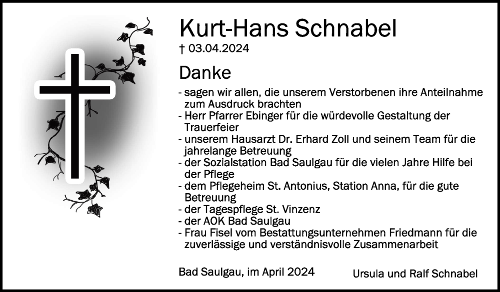  Traueranzeige für Kurt-Hans Schnabel vom 27.04.2024 aus Schwäbische Zeitung