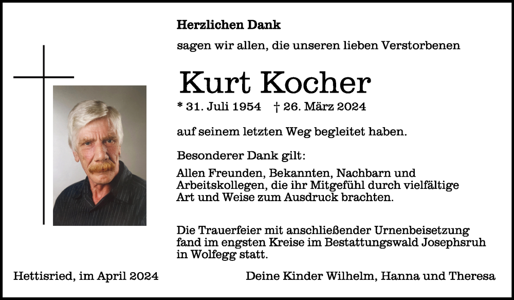  Traueranzeige für Kurt Kocher vom 20.04.2024 aus Schwäbische Zeitung