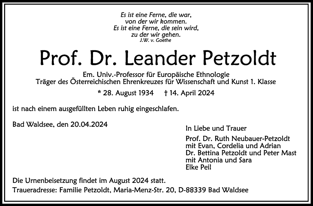 Traueranzeige für Leander Petzoldt vom 20.04.2024 aus Schwäbische Zeitung