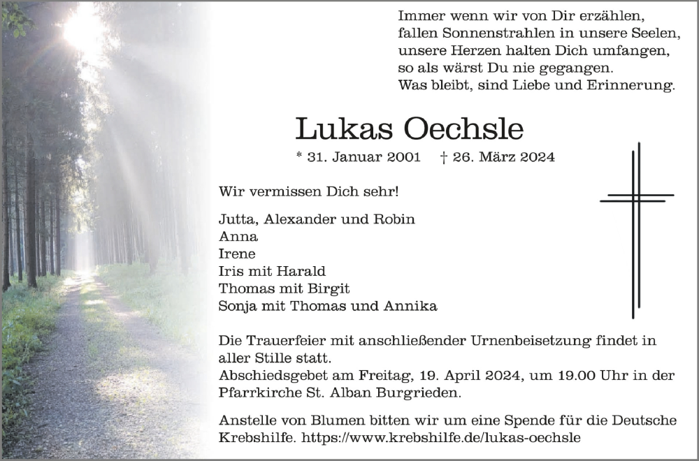  Traueranzeige für Lukas Oechsle vom 17.04.2024 aus Schwäbische Zeitung