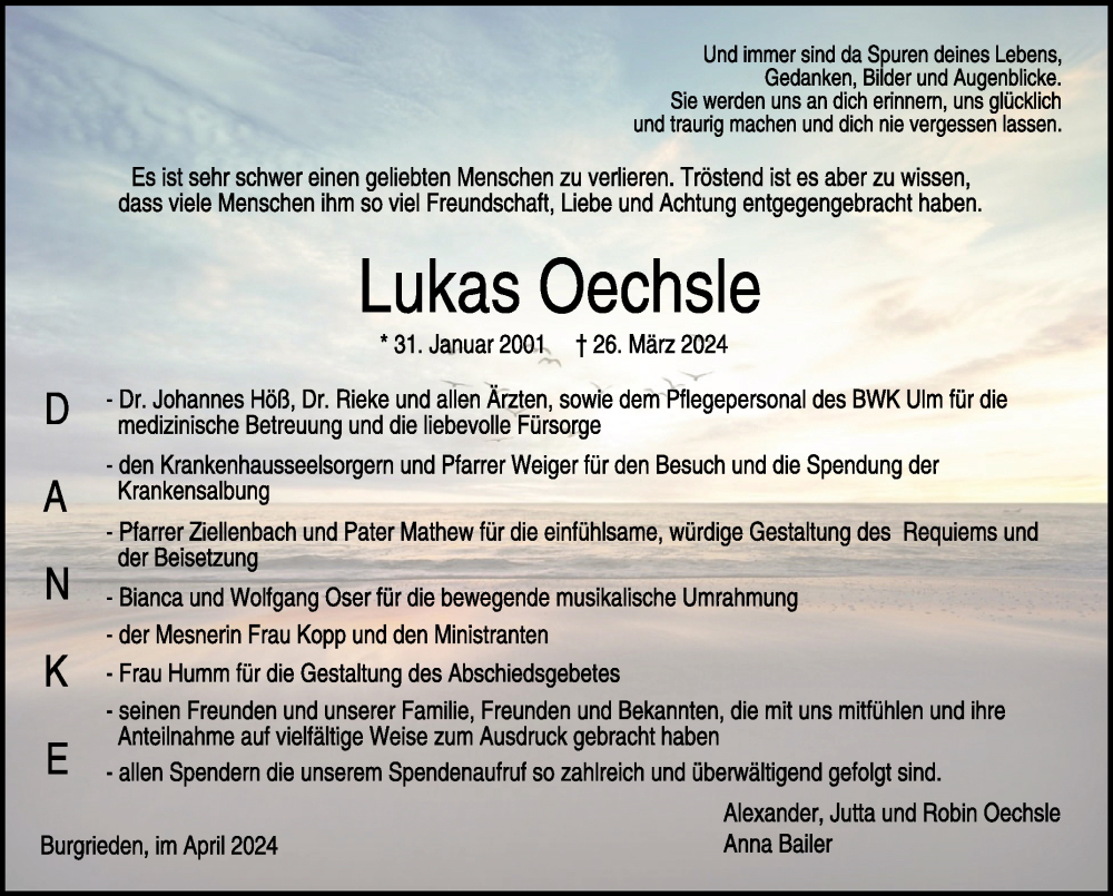  Traueranzeige für Lukas Oechsle vom 24.04.2024 aus Schwäbische Zeitung