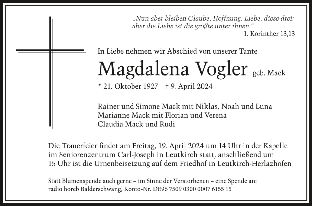  Traueranzeige für Magdalena Vogler vom 17.04.2024 aus Schwäbische Zeitung