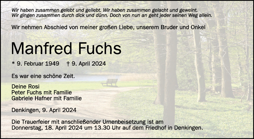  Traueranzeige für Manfred Fuchs vom 16.04.2024 aus Schwäbische Zeitung