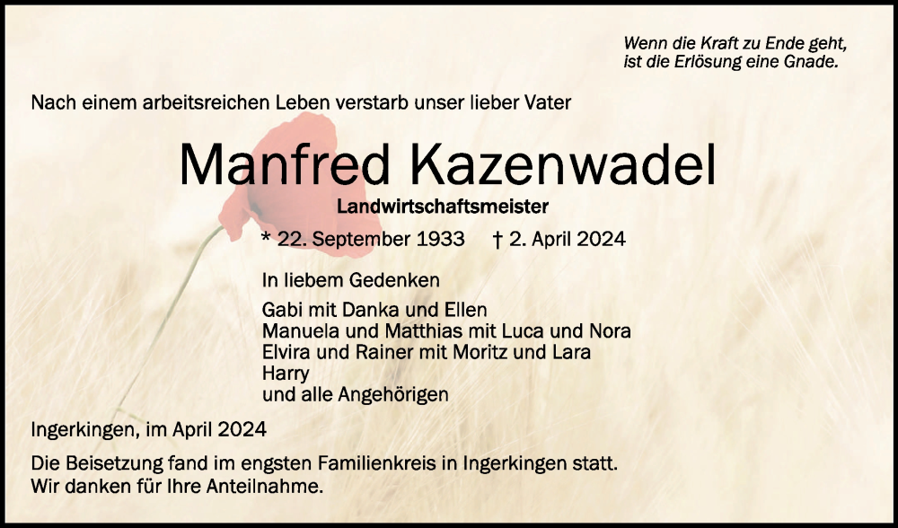 Traueranzeige für Manfred Kazenwadel vom 13.04.2024 aus Schwäbische Zeitung