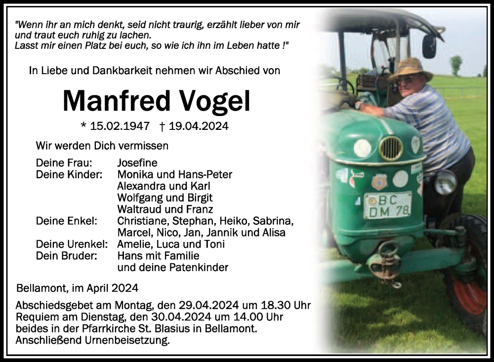  Traueranzeige für Manfred Vogel vom 27.04.2024 aus Schwäbische Zeitung