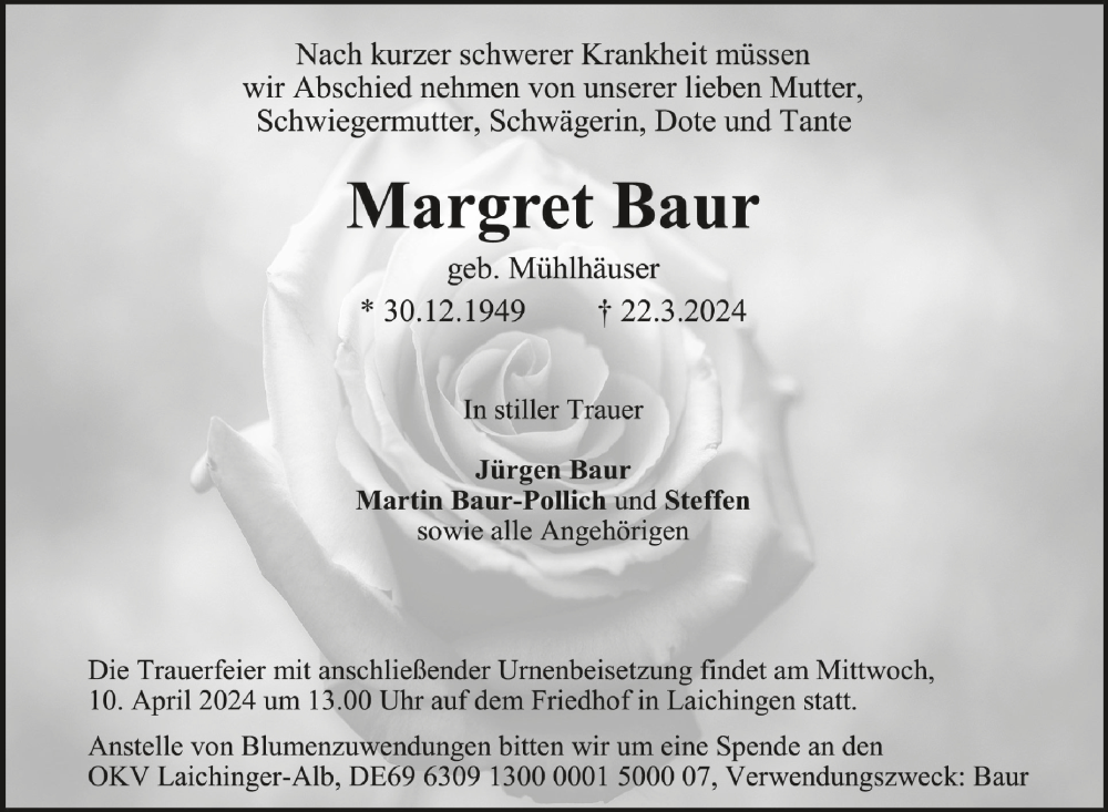  Traueranzeige für Margret Baur vom 05.04.2024 aus Schwäbische Zeitung