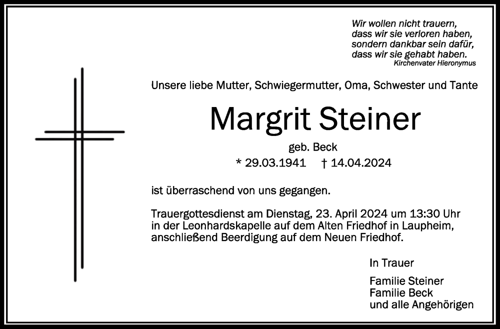  Traueranzeige für Margrit Steiner vom 19.04.2024 aus Schwäbische Zeitung