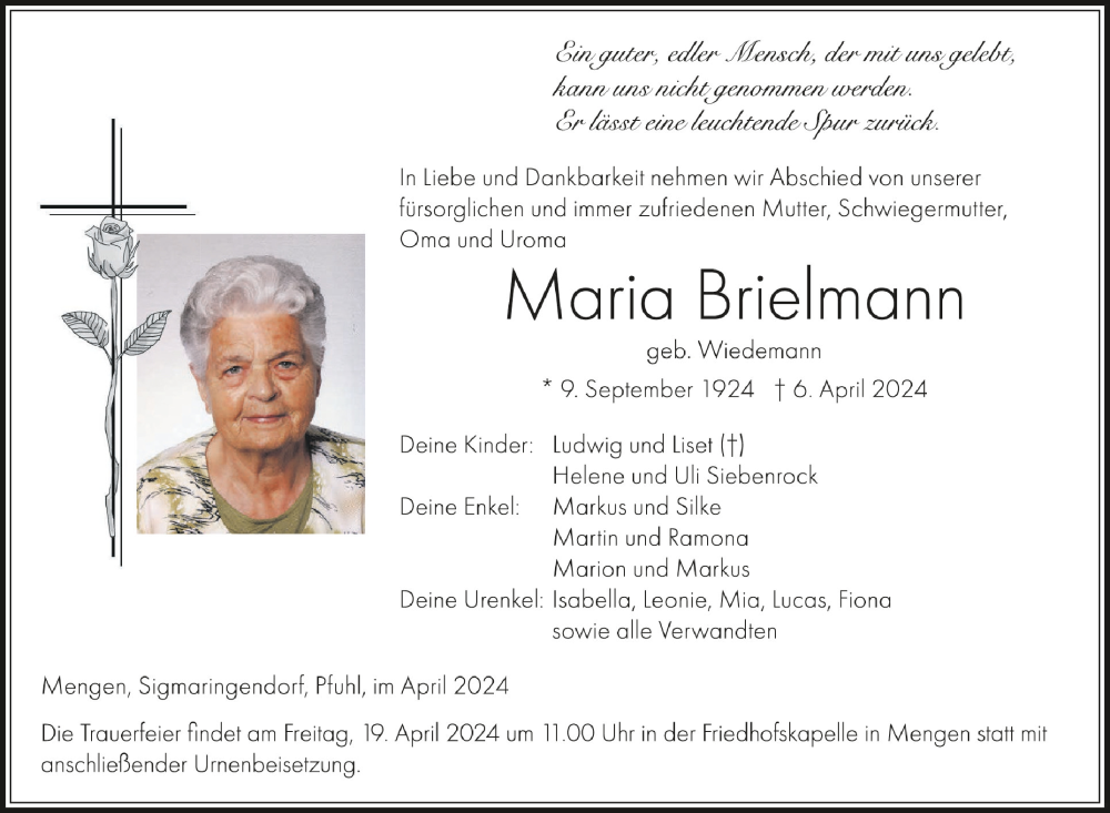  Traueranzeige für Maria Brielmann vom 17.04.2024 aus Schwäbische Zeitung