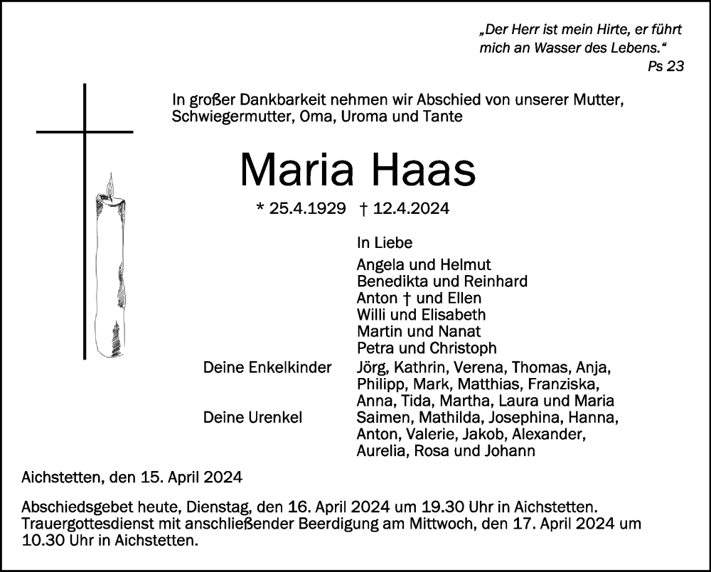 Traueranzeige für Maria Haas vom 16.04.2024 aus Schwäbische Zeitung