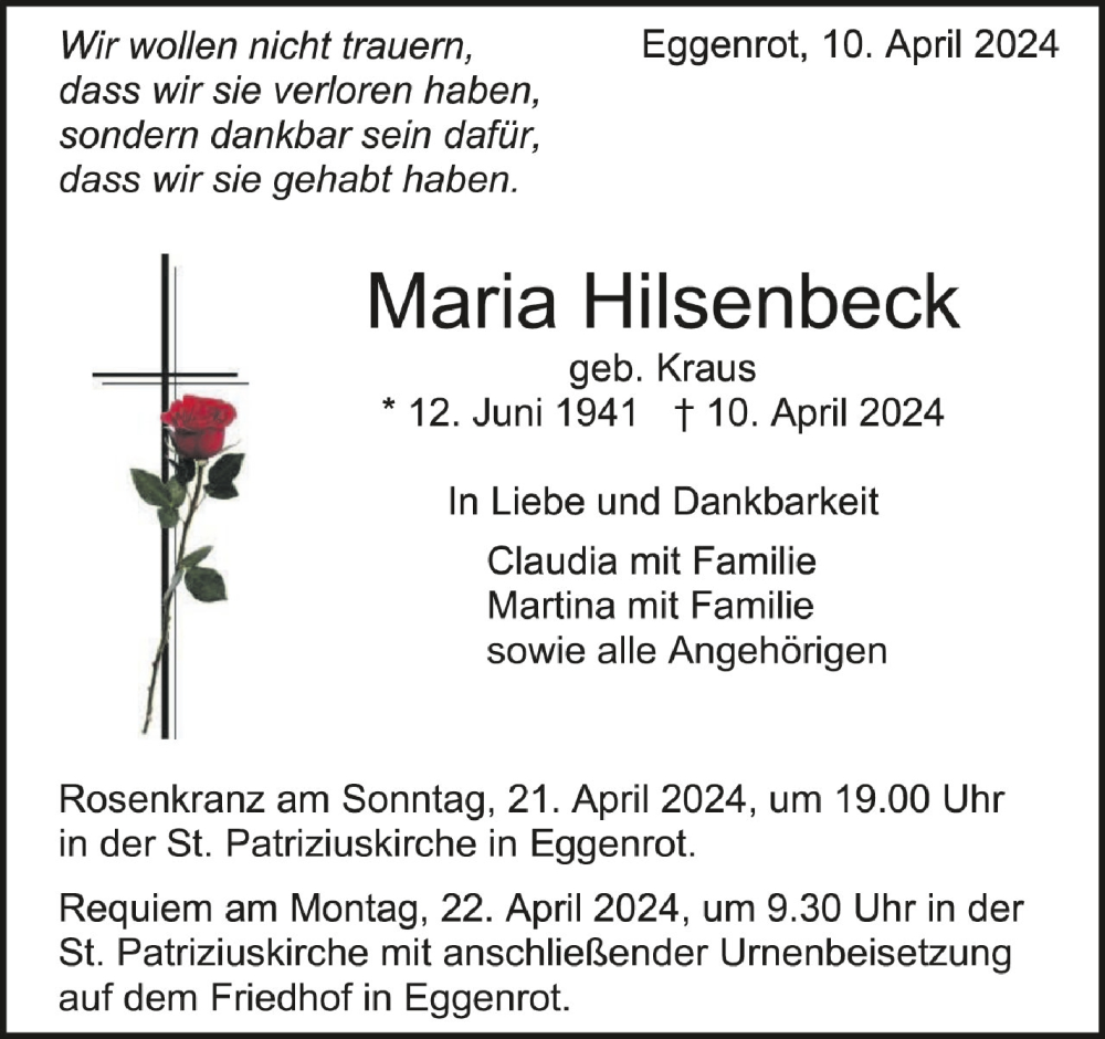  Traueranzeige für Maria Hilsenbeck vom 16.04.2024 aus Schwäbische Zeitung