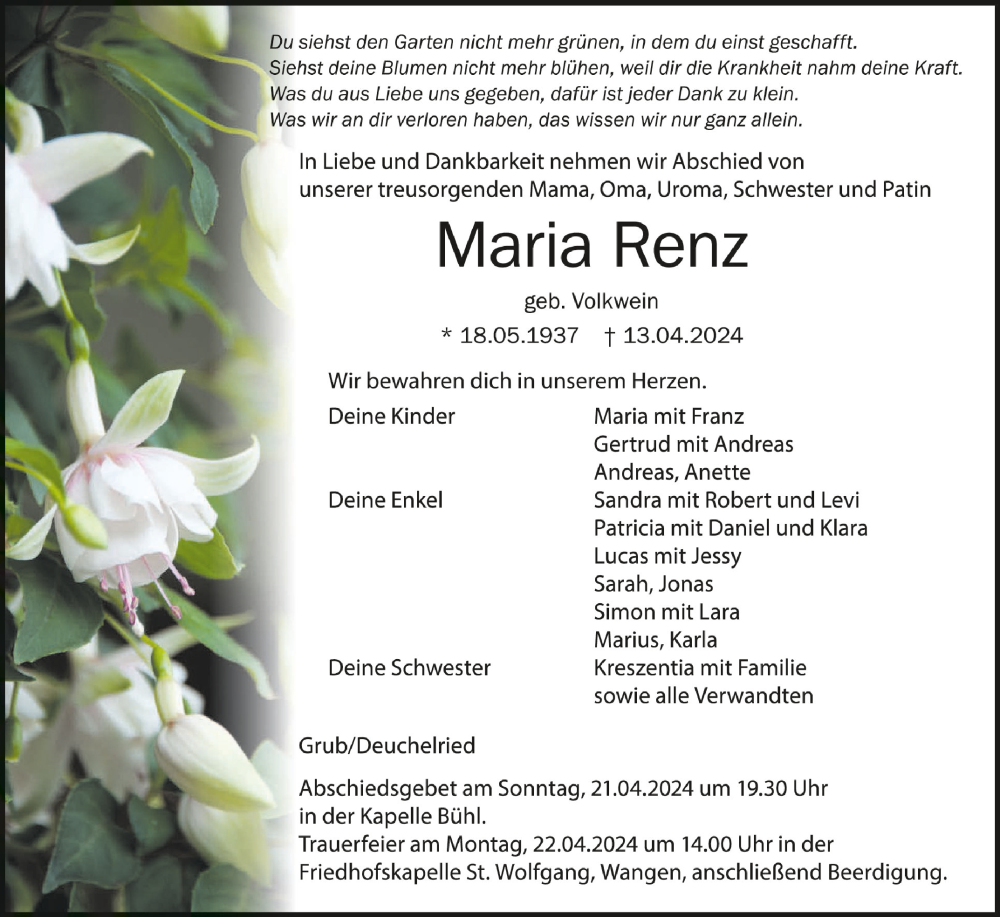  Traueranzeige für Maria Renz vom 17.04.2024 aus Schwäbische Zeitung