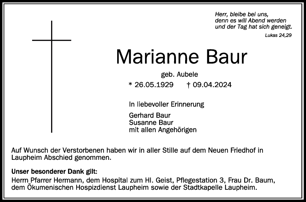  Traueranzeige für Marianne Baur vom 18.04.2024 aus Schwäbische Zeitung