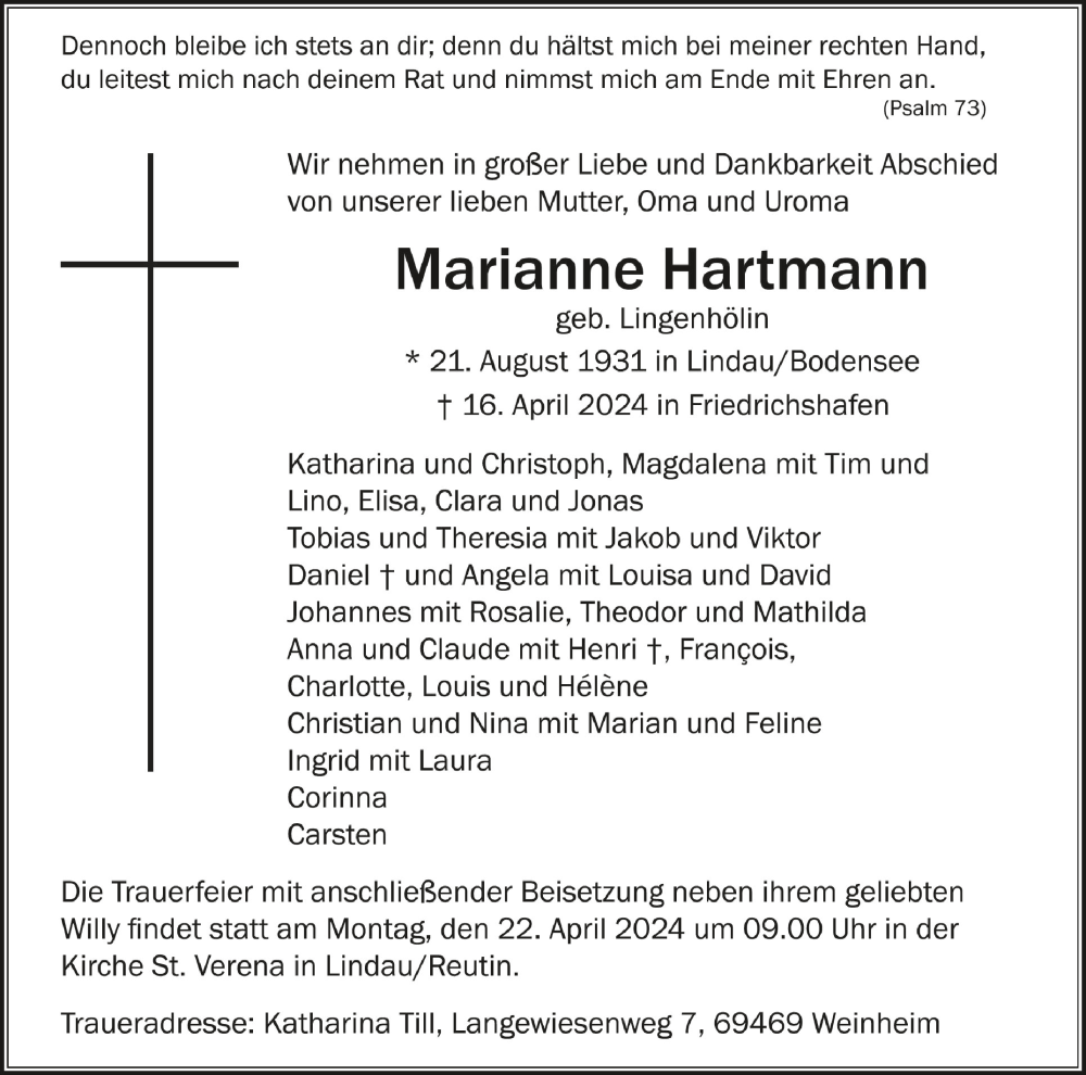  Traueranzeige für Marianne Hartmann vom 19.04.2024 aus Schwäbische Zeitung