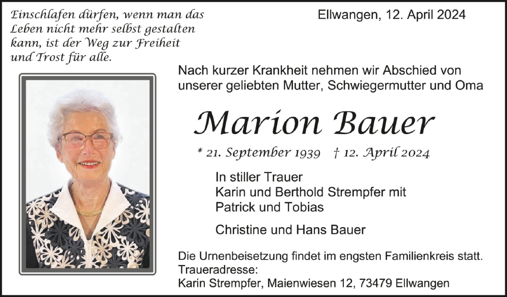  Traueranzeige für Marion Bauer vom 17.04.2024 aus Schwäbische Zeitung