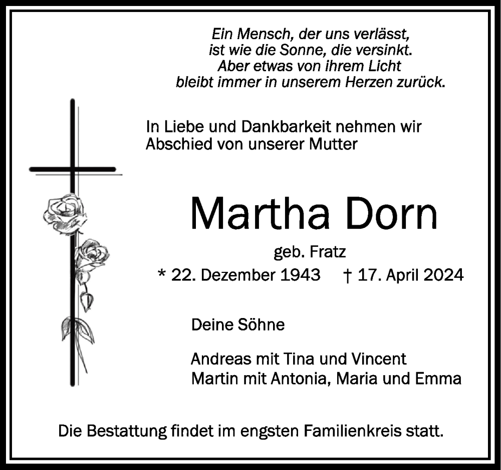  Traueranzeige für Martha Dorn vom 20.04.2024 aus Schwäbische Zeitung