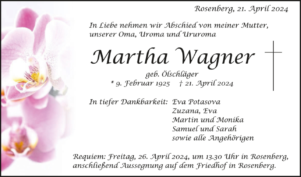  Traueranzeige für Martha Wagner vom 23.04.2024 aus Schwäbische Zeitung