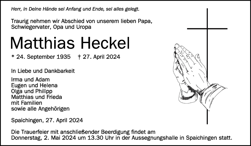  Traueranzeige für Matthias Heckel vom 30.04.2024 aus Schwäbische Zeitung