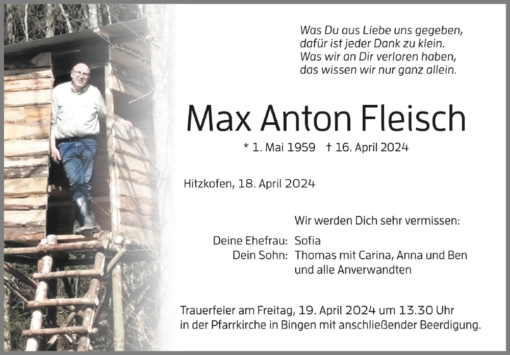 Traueranzeige für Max Anton Fleisch vom 18.04.2024 aus Schwäbische Zeitung