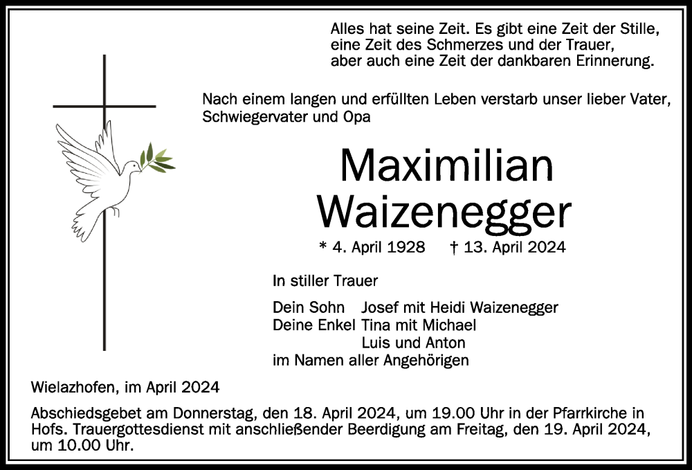  Traueranzeige für Maximilian Waizenegger vom 17.04.2024 aus Schwäbische Zeitung