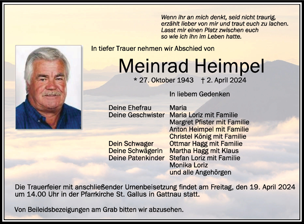  Traueranzeige für Meinrad Heimpel vom 13.04.2024 aus Schwäbische Zeitung