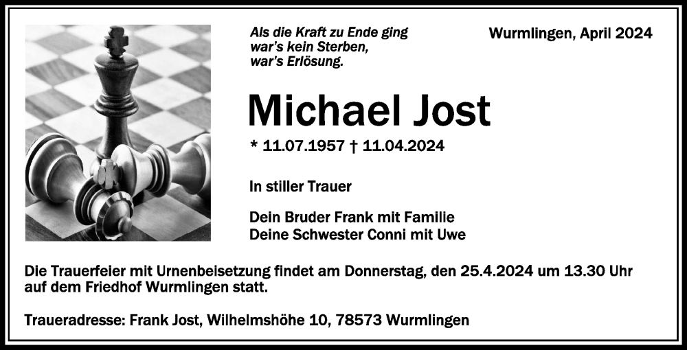  Traueranzeige für Michael Jost vom 20.04.2024 aus Schwäbische Zeitung
