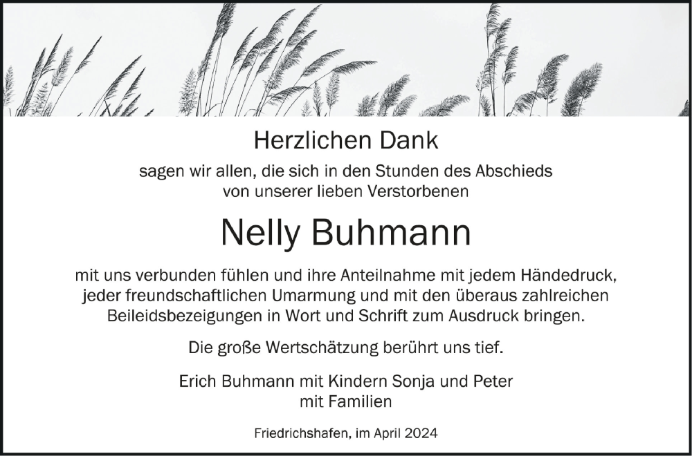  Traueranzeige für Nelly Buhmann vom 13.04.2024 aus Schwäbische Zeitung