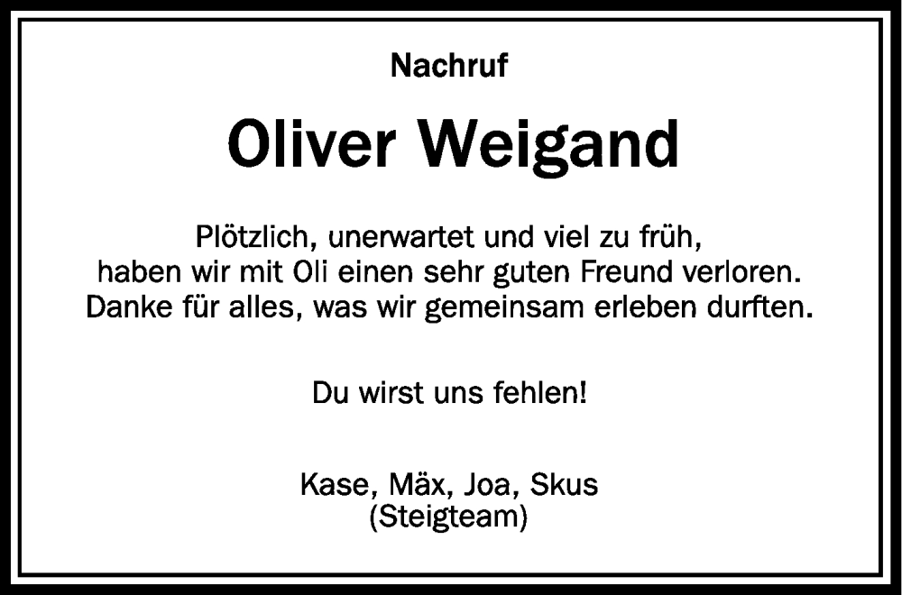  Traueranzeige für Oliver Weigand vom 03.04.2024 aus Schwäbische Zeitung