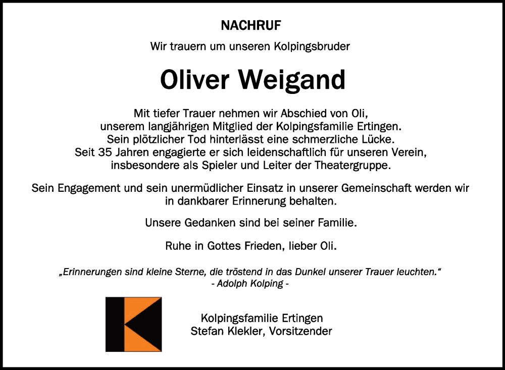  Traueranzeige für Oliver Weigand vom 04.04.2024 aus Schwäbische Zeitung