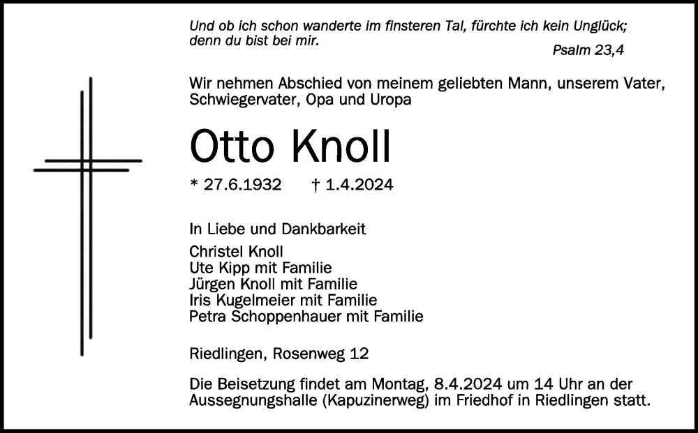  Traueranzeige für Otto Knoll vom 06.04.2024 aus Schwäbische Zeitung