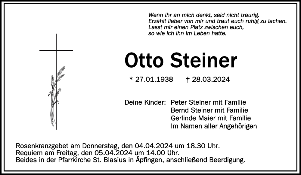  Traueranzeige für Otto Steiner vom 03.04.2024 aus Schwäbische Zeitung