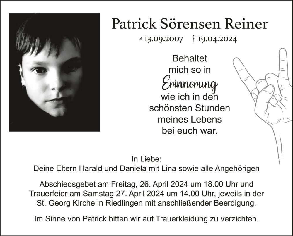  Traueranzeige für Patrick Sörensen Reiner vom 25.04.2024 aus Schwäbische Zeitung