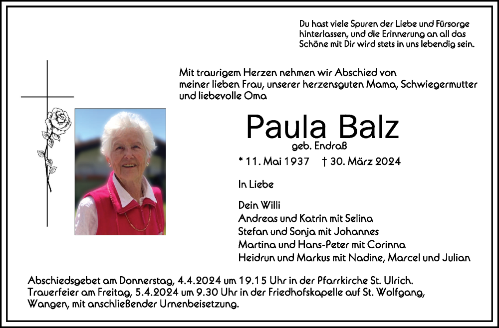  Traueranzeige für Paula Balz vom 03.04.2024 aus Schwäbische Zeitung