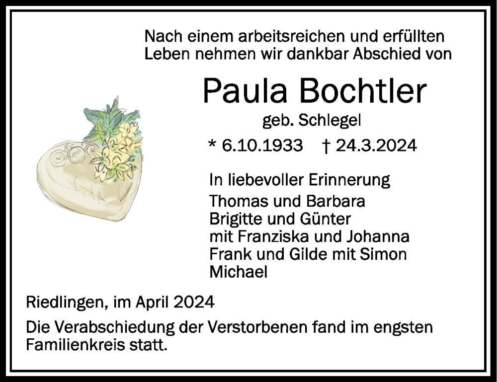  Traueranzeige für Paula Bochtler vom 13.04.2024 aus Schwäbische Zeitung