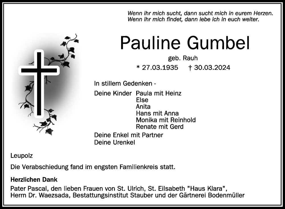  Traueranzeige für Pauline Gumbel vom 20.04.2024 aus Schwäbische Zeitung
