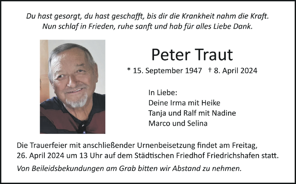  Traueranzeige für Peter Traut vom 20.04.2024 aus Schwäbische Zeitung