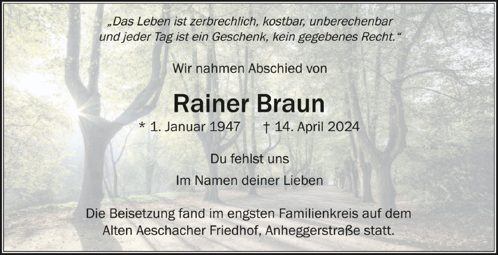  Traueranzeige für Rainer Braun vom 20.04.2024 aus Schwäbische Zeitung
