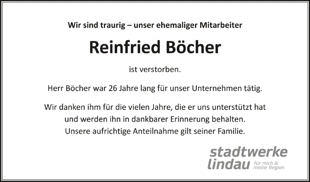  Traueranzeige für Reinfried Böcher vom 13.04.2024 aus Schwäbische Zeitung