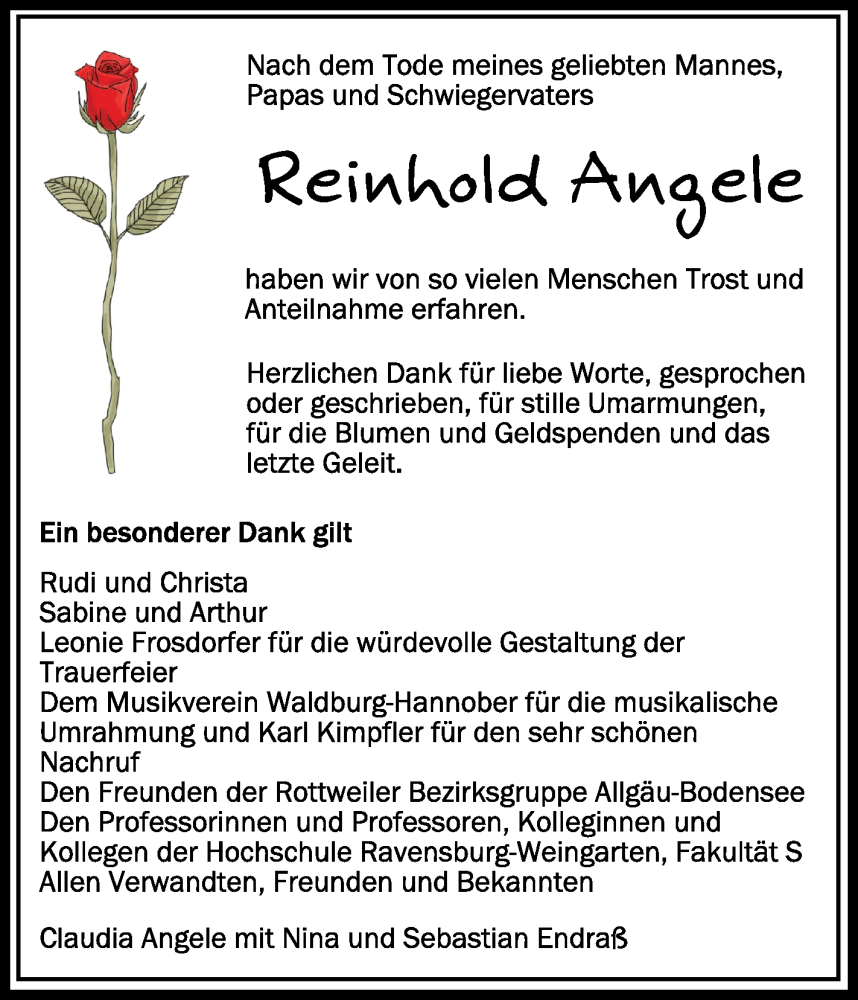  Traueranzeige für Reinhold Angele vom 27.04.2024 aus Schwäbische Zeitung