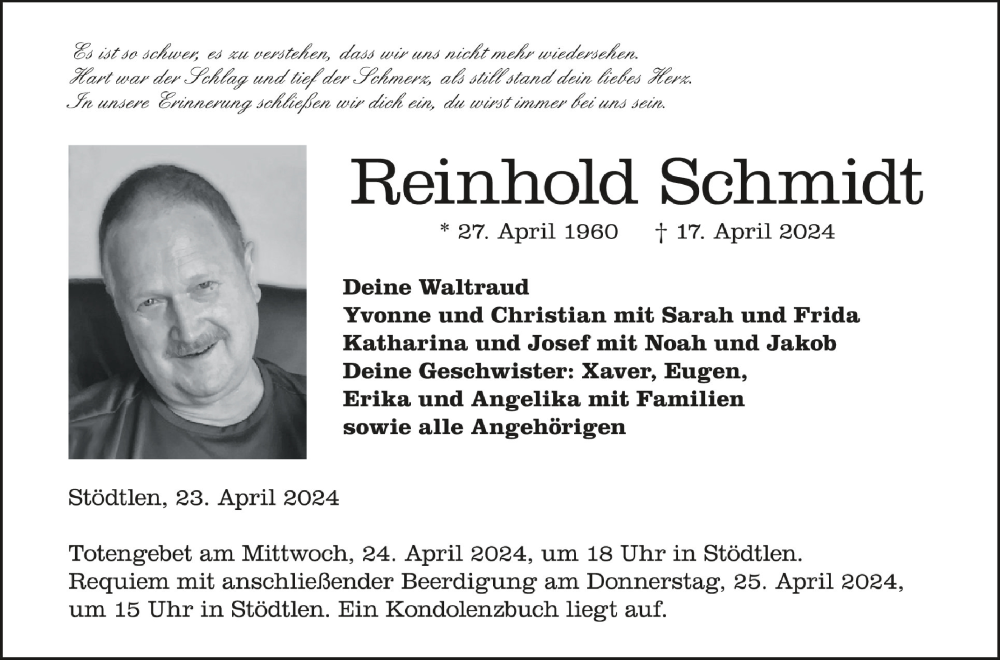  Traueranzeige für Reinhold Schmidt vom 23.04.2024 aus Schwäbische Zeitung